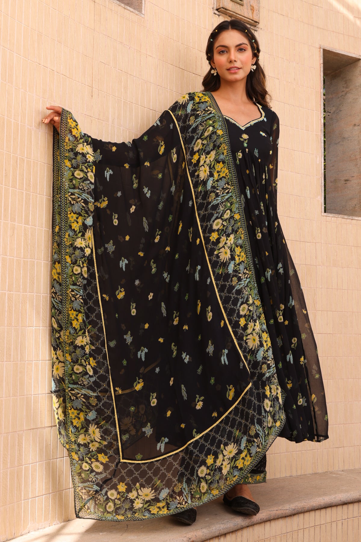 WOMEN'S BLACK - MULTICOLOR CHIFFON STARDUST ANARKALI SET