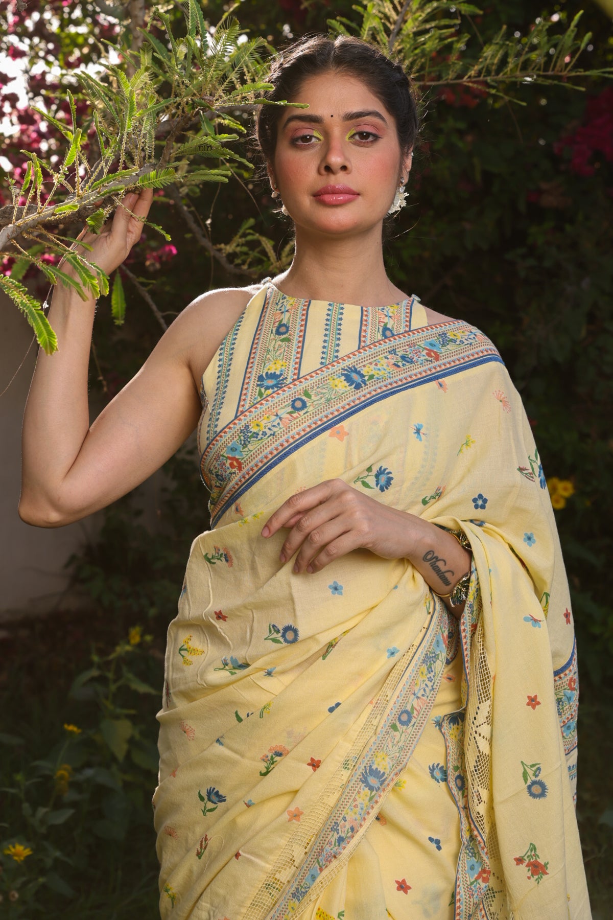WOMEN'S PASTEL YELLOW - MULTI COLOR COTTON MOSS SERENITEE SAREE