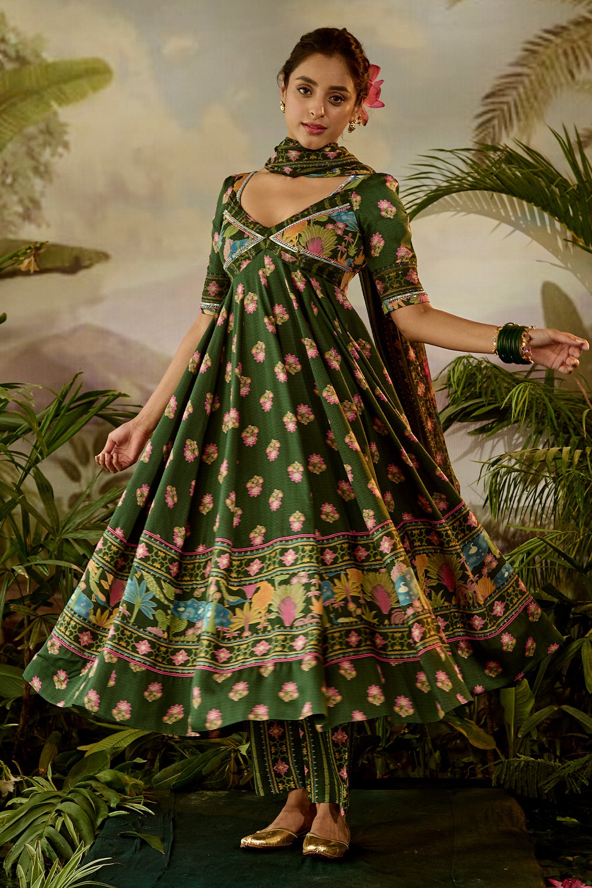 WOMEN'S GREEN COTTON GAURI ANARKALI SET
