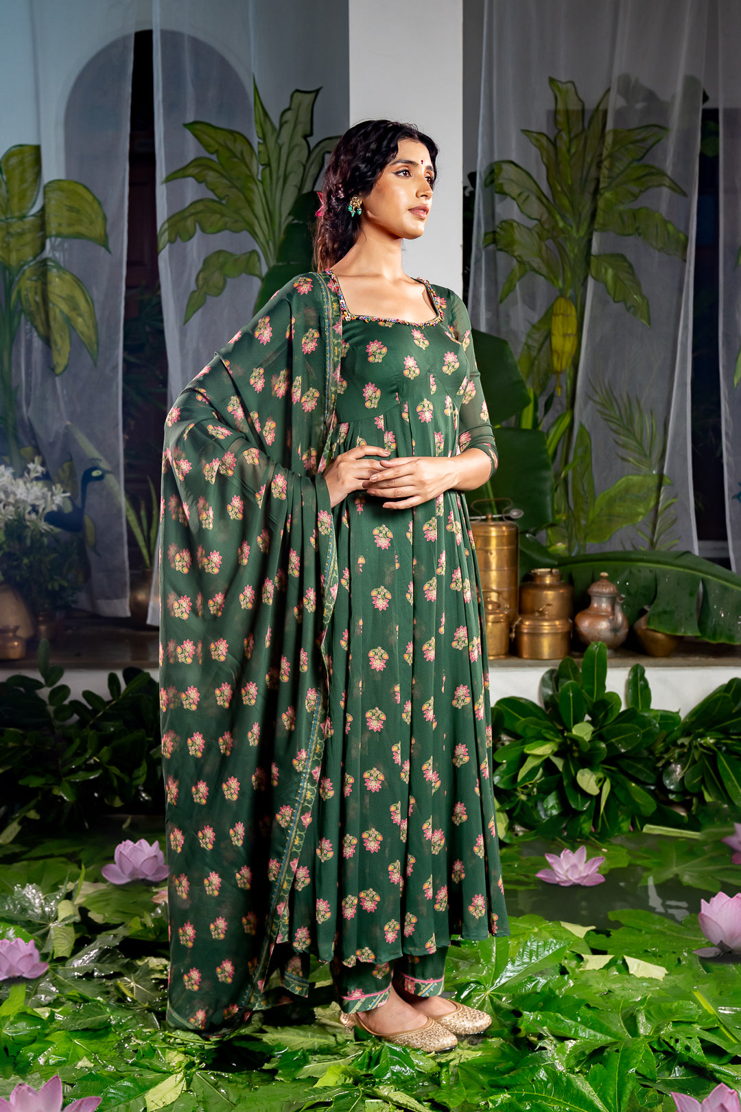 WOMEN'S GREEN MODAL SATIN ANSHIKA ANARKALI SET