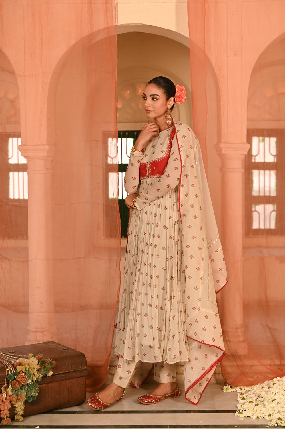 WOMEN'S BEIGE, RED CHIFFON  GULAL ANARKALI SET