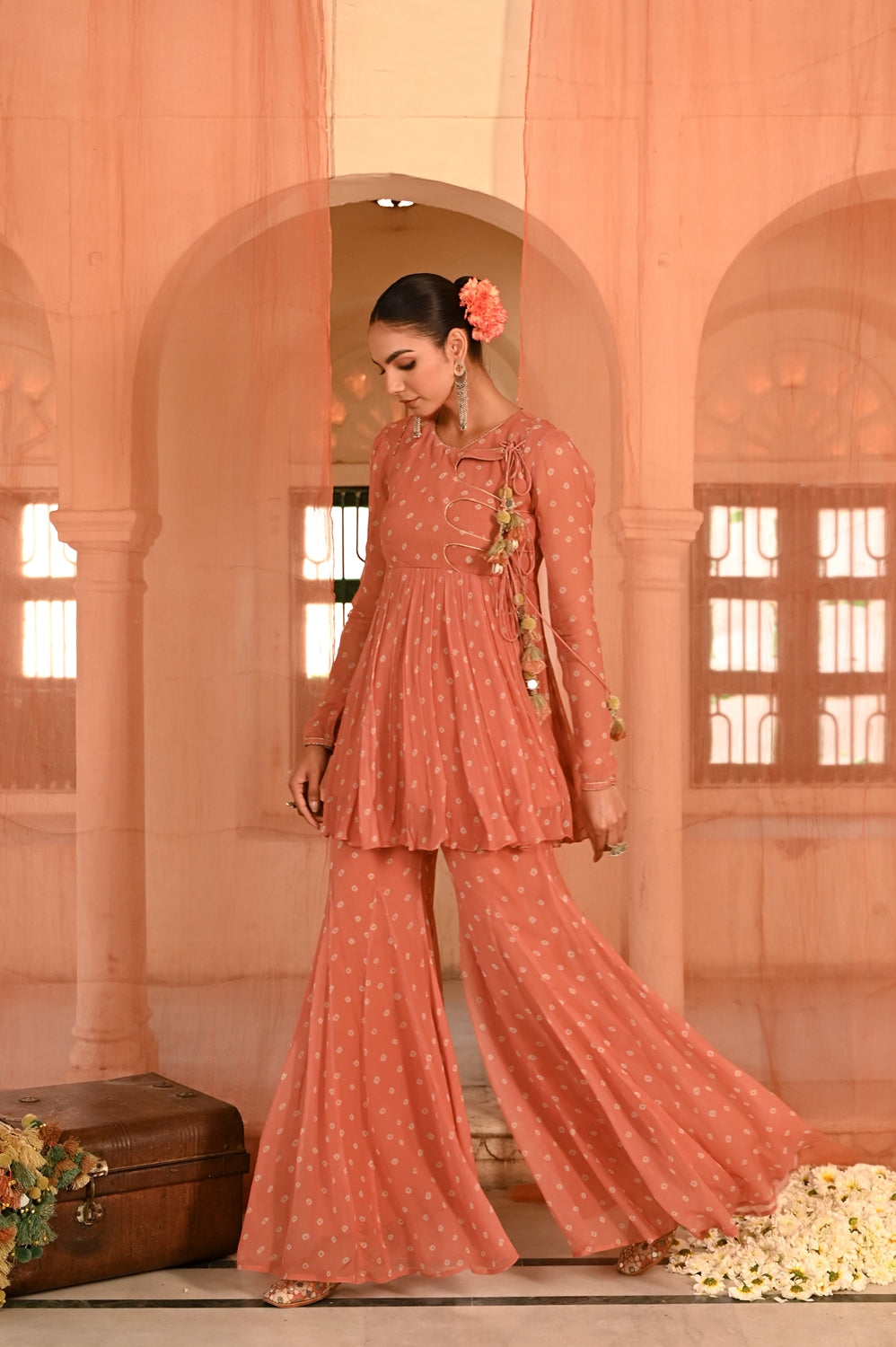 WOMEN'S ORANGE CHIFFON  SURAJPOLE GHARARA SET