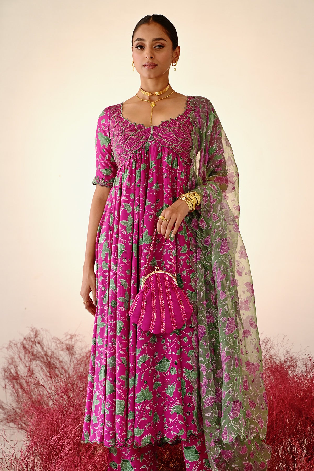 WOMEN'S MAGENTA AND GREEN CREPE & ORGANZA GULNAAZ ANARKALI SET