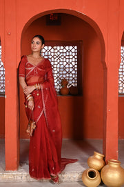 WOMEN'S DARK RED ORGANZA  GULABI SURKH SAREE SET