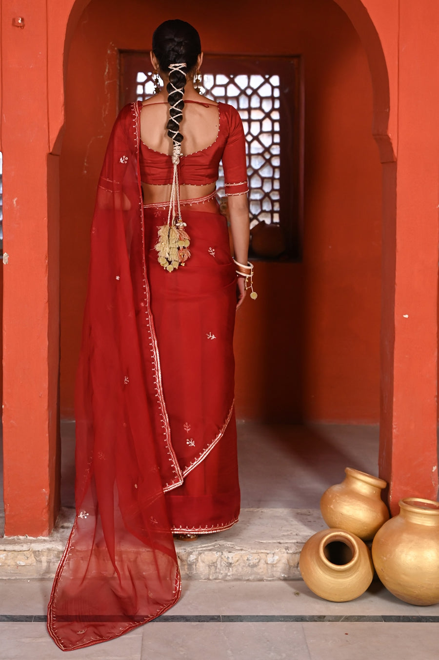 WOMEN'S DARK RED ORGANZA  GULABI SURKH SAREE SET