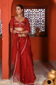 WOMEN'S DARK RED ORGANZA  GULABI SURKH SAREE SET