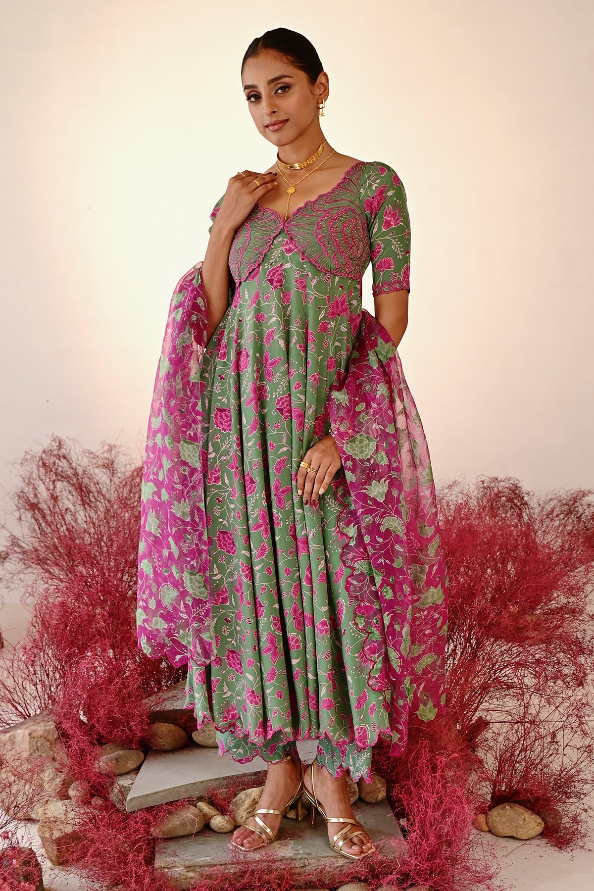 WOMEN'S GREEN MAGENTA CREPE & ORGANZA HAANA ANARKALI SET