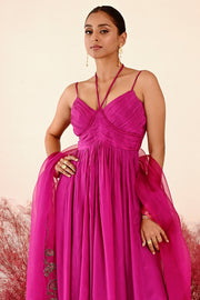 WOMEN'S MAGENTA CREPE & ORGANZA ZEENAT ANARKALI SET