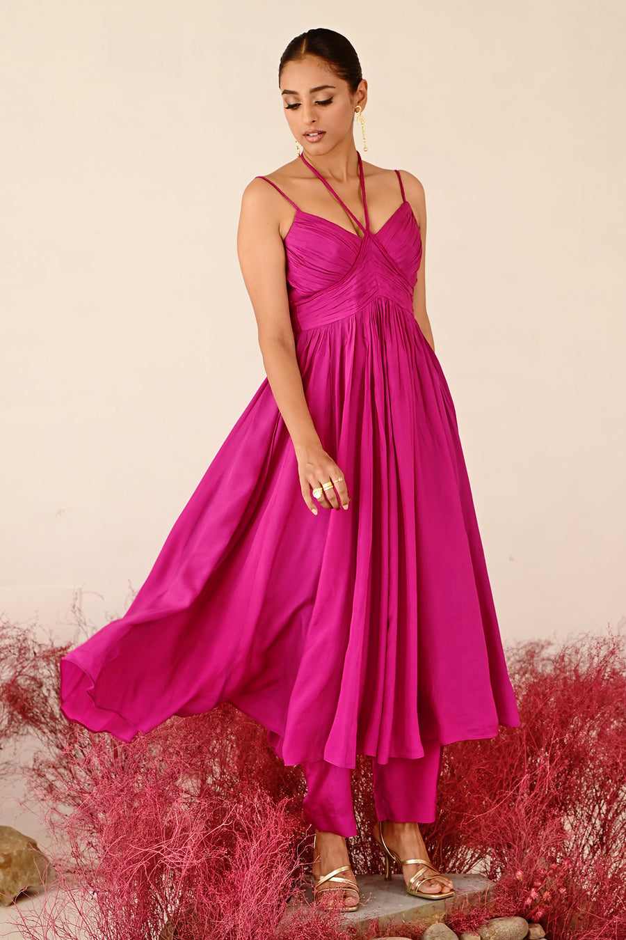 WOMEN'S MAGENTA CREPE & ORGANZA ZEENAT ANARKALI SET