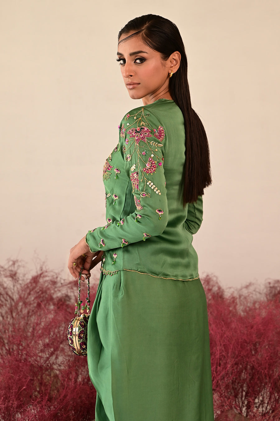 WOMEN'S GREEN SATIN ORGANZA ZARINA CO-ORD SET