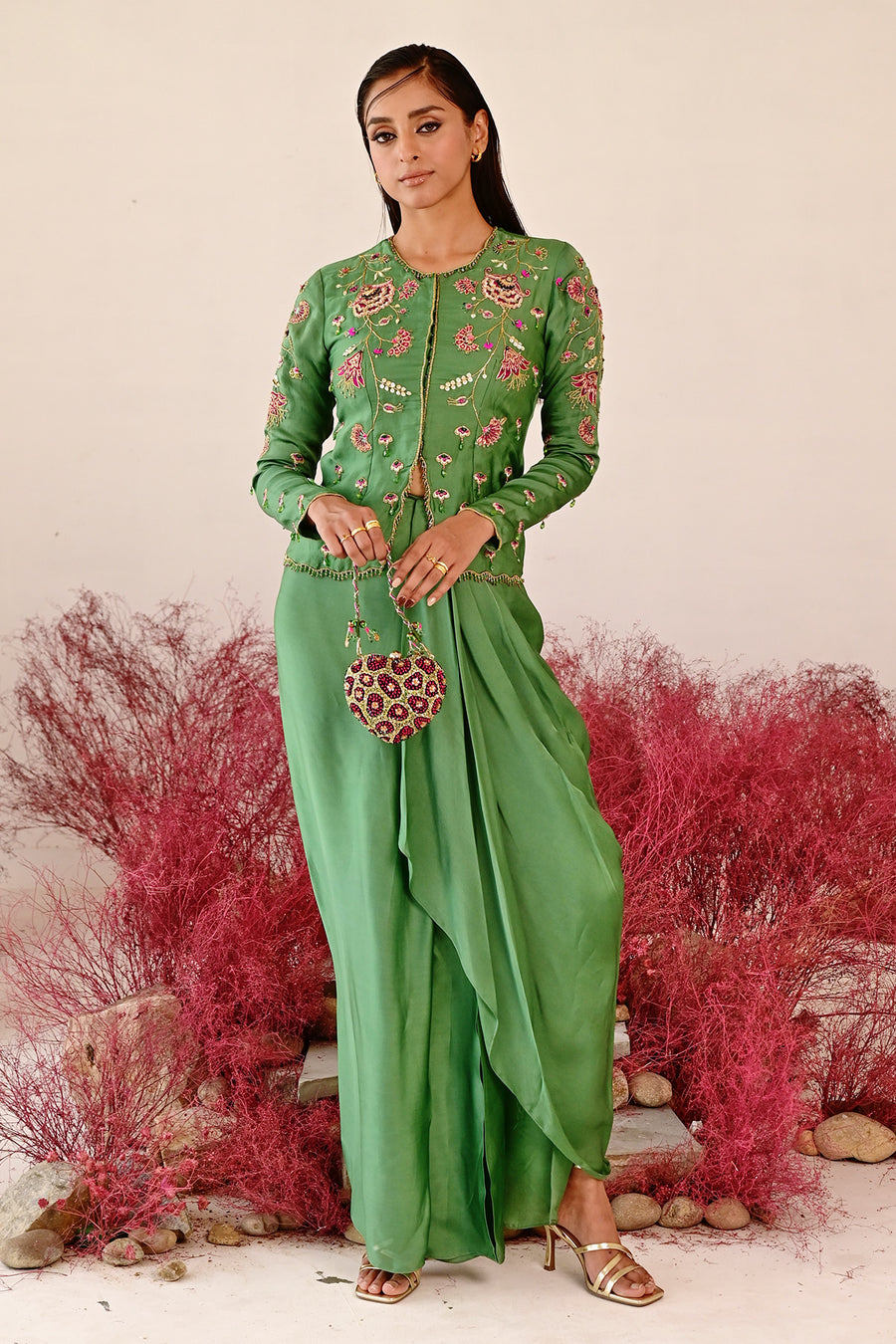 WOMEN'S GREEN SATIN ORGANZA ZARINA CO-ORD SET