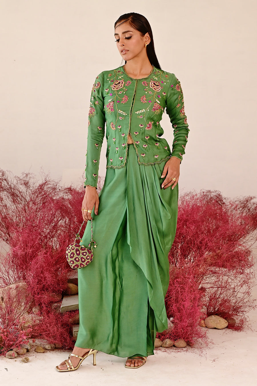 WOMEN'S GREEN SATIN ORGANZA ZARINA CO-ORD SET