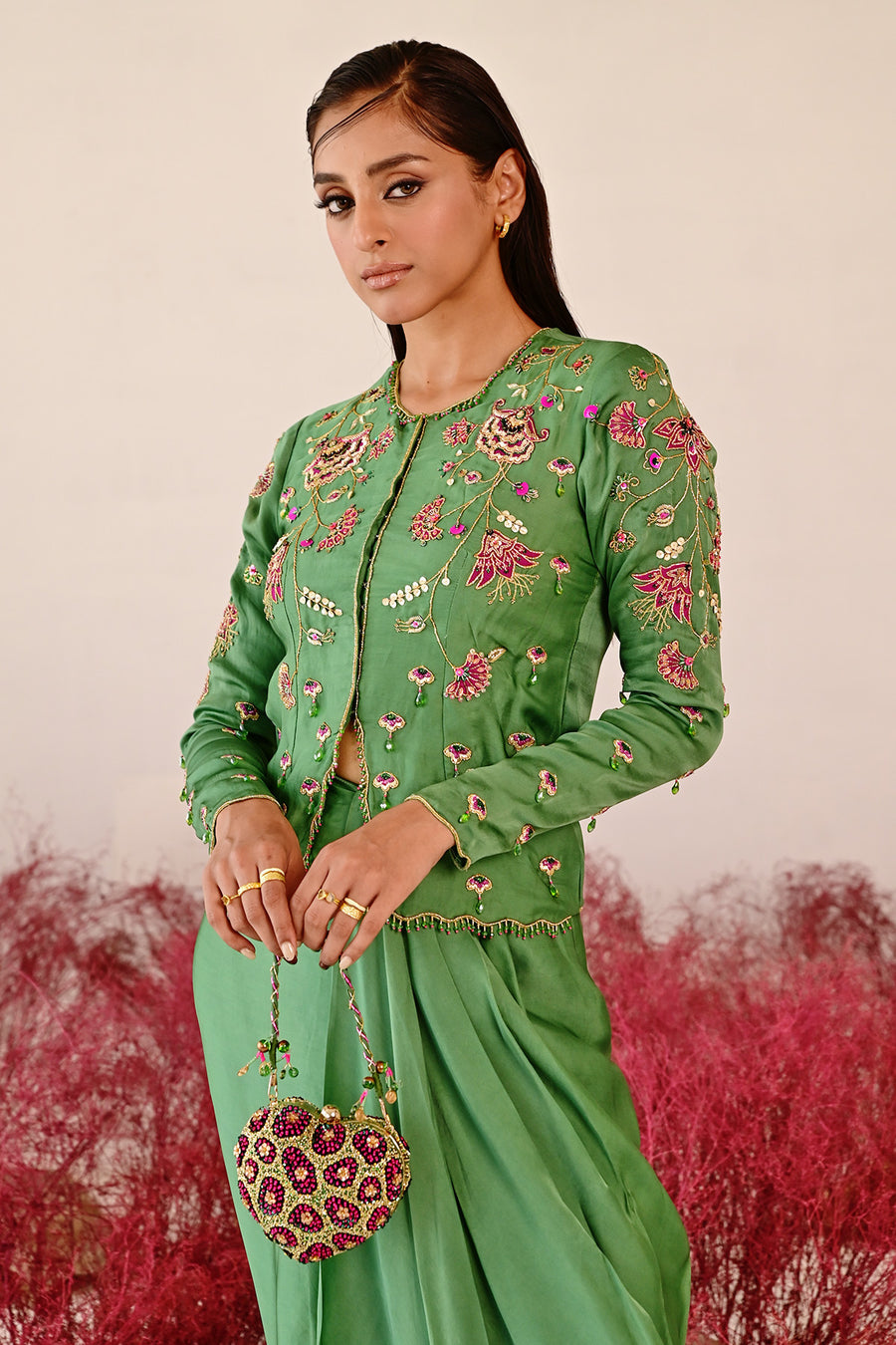 WOMEN'S GREEN SATIN ORGANZA ZARINA CO-ORD SET