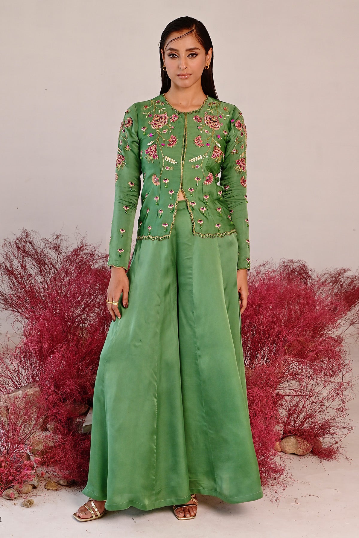 WOMEN'S GREEN SATIN ORGANZA SARANGZ CO-ORD SET