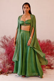 WOMEN'S GREEN CREPE & SATIN ORGANZA ISHRAT CHOGA SET