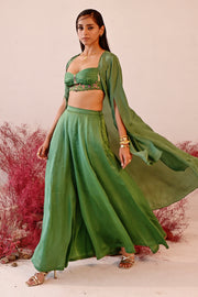 WOMEN'S GREEN CREPE & SATIN ORGANZA ISHRAT CHOGA SET