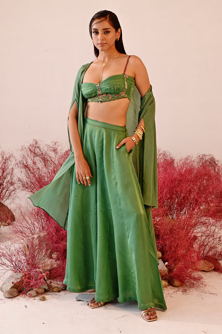 WOMEN'S GREEN CREPE & SATIN ORGANZA ISHRAT CHOGA SET