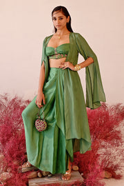 WOMEN'S GREEN CREPE & SATIN ORGANZA REHANA CHOGA SET