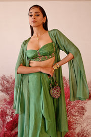 WOMEN'S GREEN CREPE & SATIN ORGANZA REHANA CHOGA SET