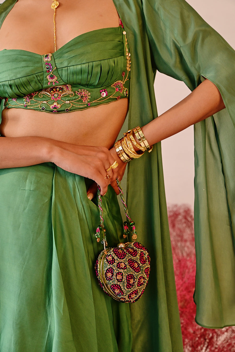 WOMEN'S GREEN CREPE & SATIN ORGANZA REHANA CHOGA SET
