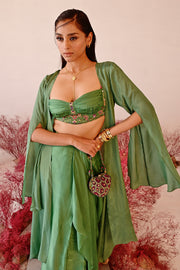 WOMEN'S GREEN CREPE & SATIN ORGANZA REHANA CHOGA SET