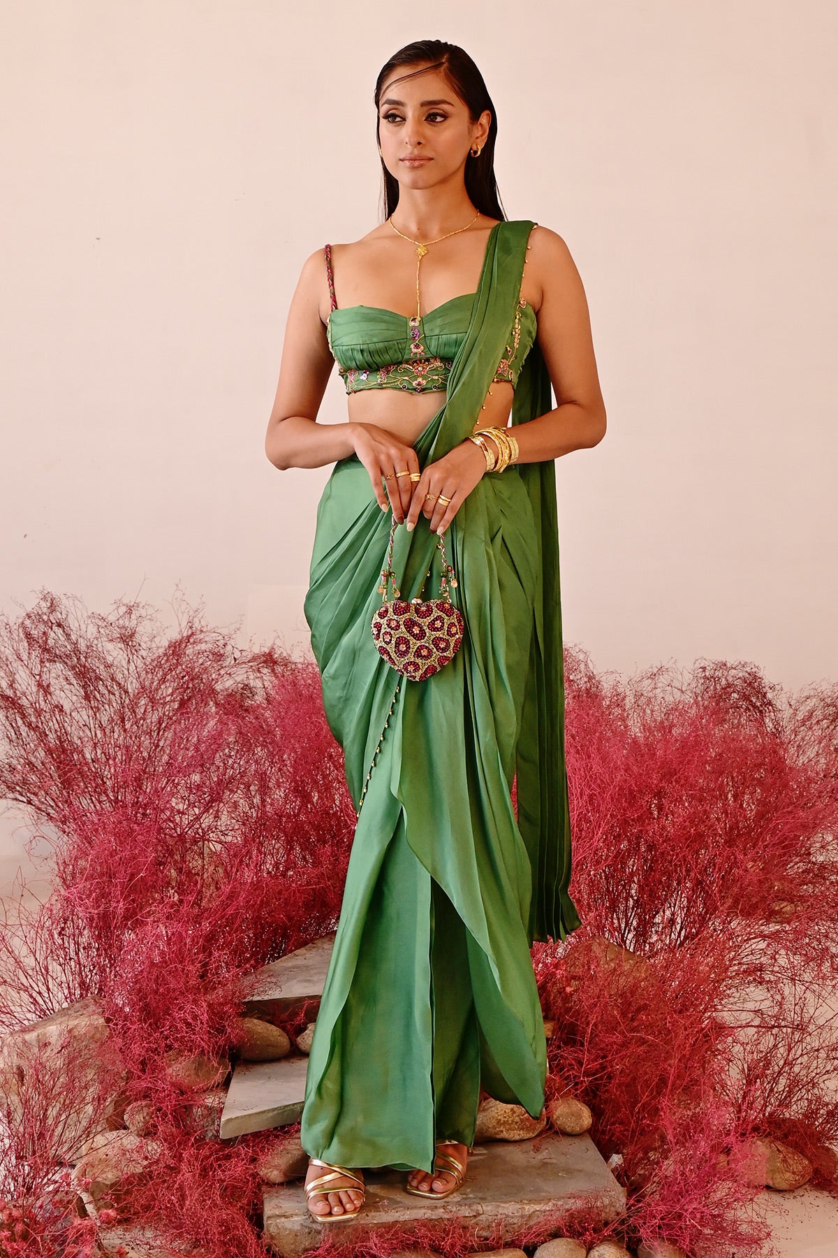 WOMEN'S GREEN SATIN & ORGANZA CALISTA DHOTI SAREE SET
