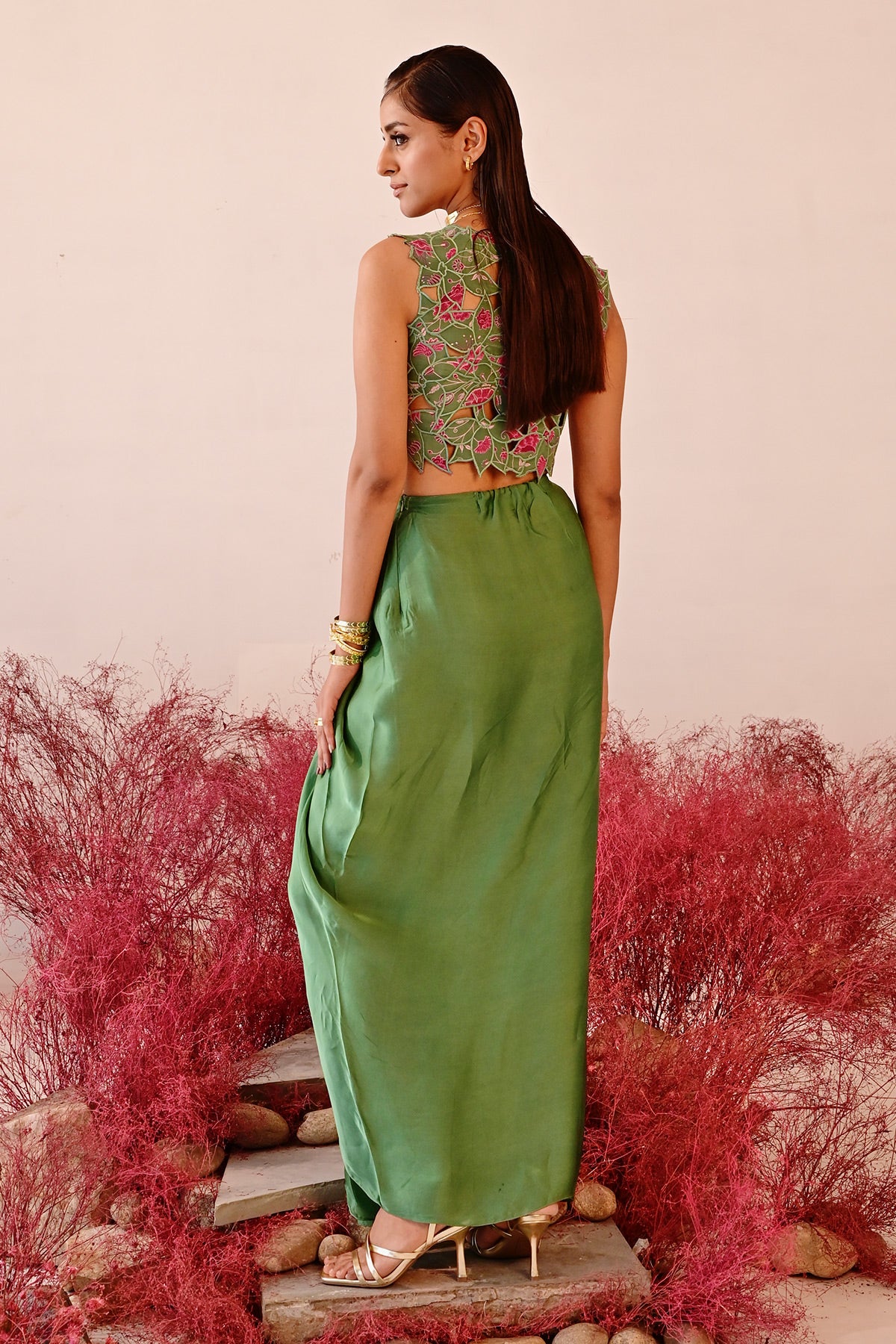WOMEN'S GREEN CREPE & SATIN ORGANZA JHAROKHA CO-ORD SET