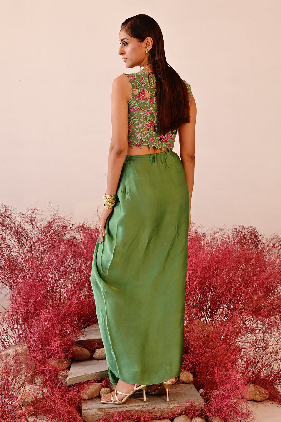WOMEN'S GREEN CREPE & SATIN ORGANZA JHAROKHA CO-ORD SET