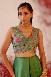 WOMEN'S GREEN CREPE & SATIN ORGANZA JHAROKHA CO-ORD SET