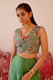 WOMEN'S GREEN CREPE & SATIN ORGANZA JHAROKHA CO-ORD SET