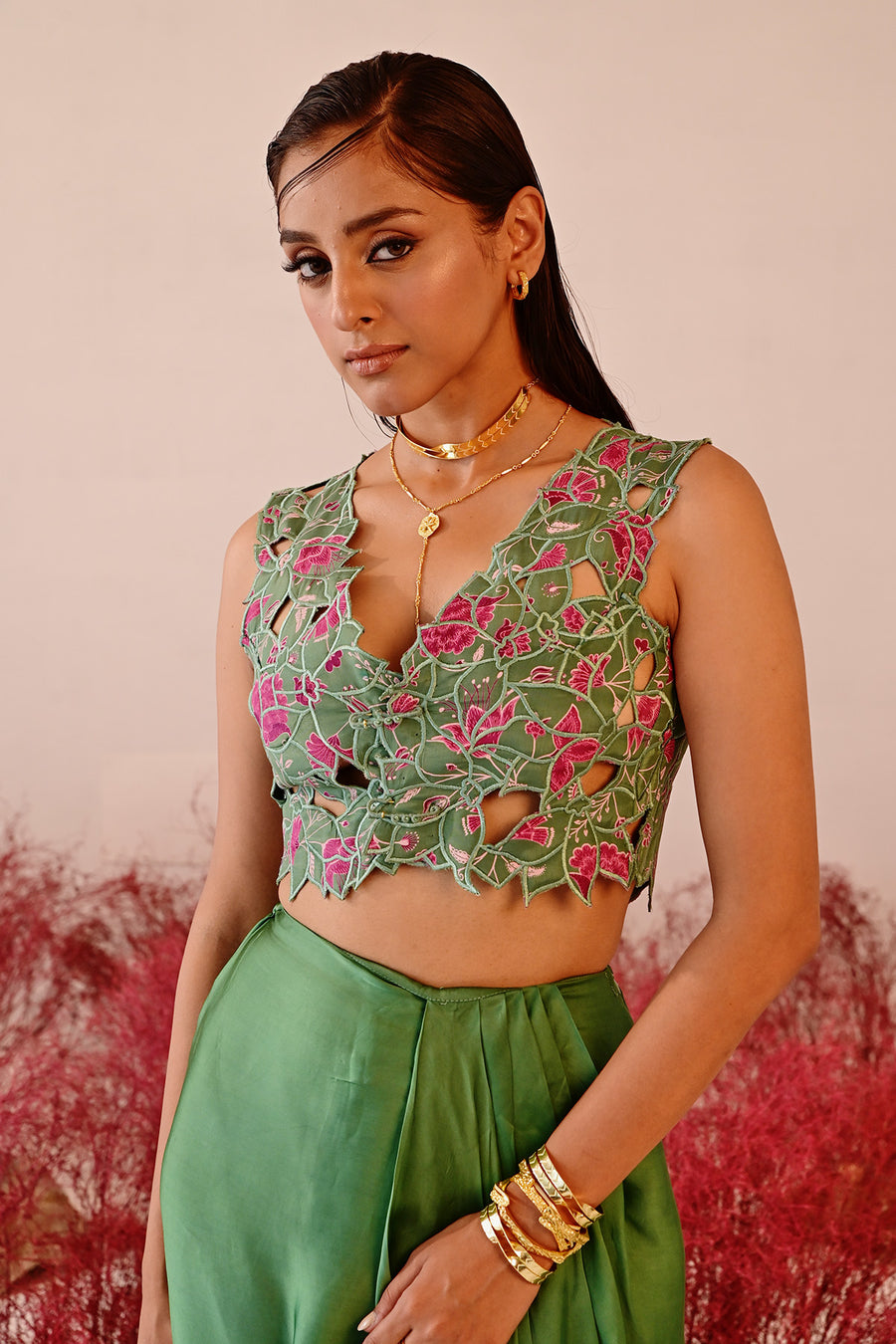 WOMEN'S GREEN CREPE & SATIN ORGANZA JHAROKHA CO-ORD SET
