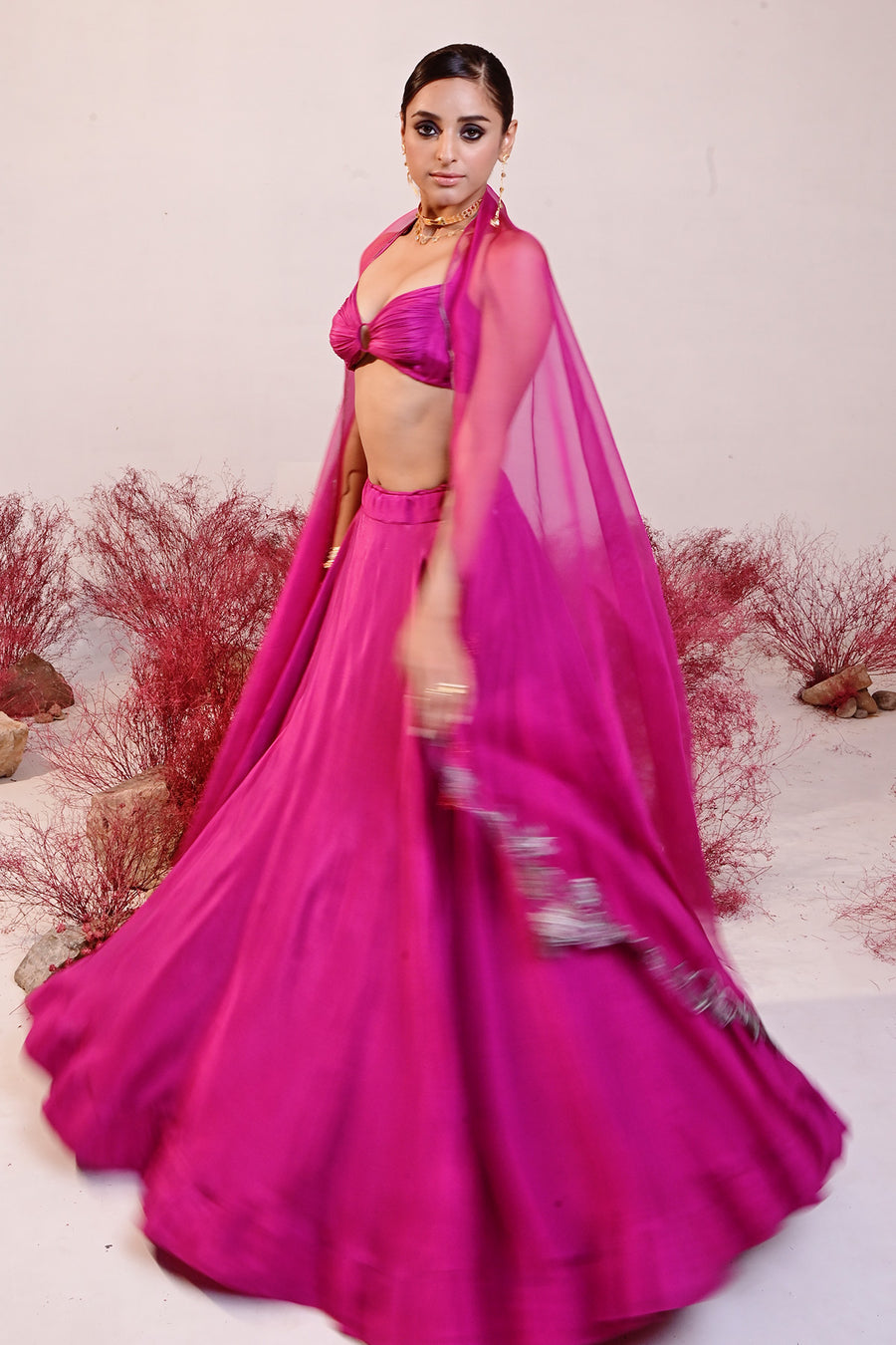 WOMEN'S MAGENTA CREPE & ORGANZA MALLIKA LEHENGA SET