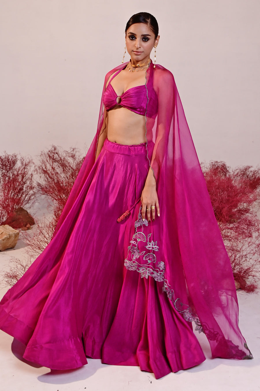 WOMEN'S MAGENTA CREPE & ORGANZA MALLIKA LEHENGA SET