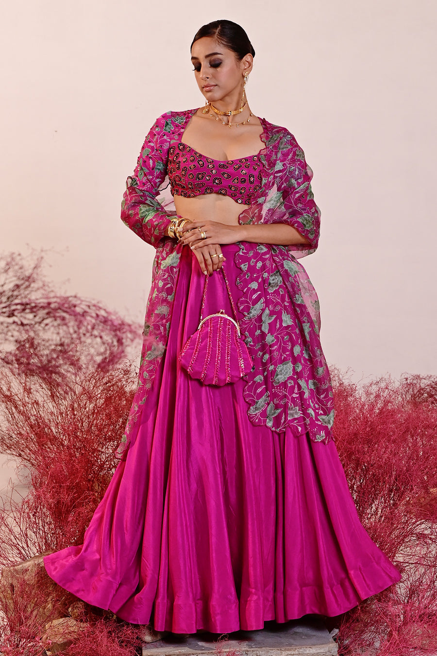 WOMEN'S MAGENTA CREPE & ORGANZA SAHIBA LEHENGA SET