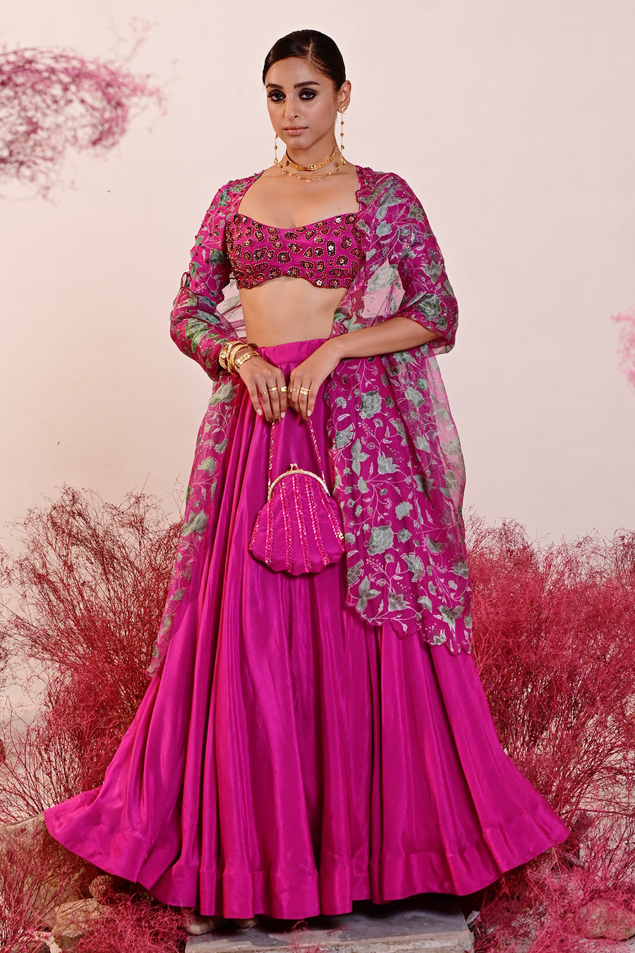 WOMEN'S MAGENTA CREPE & ORGANZA SAHIBA LEHENGA SET