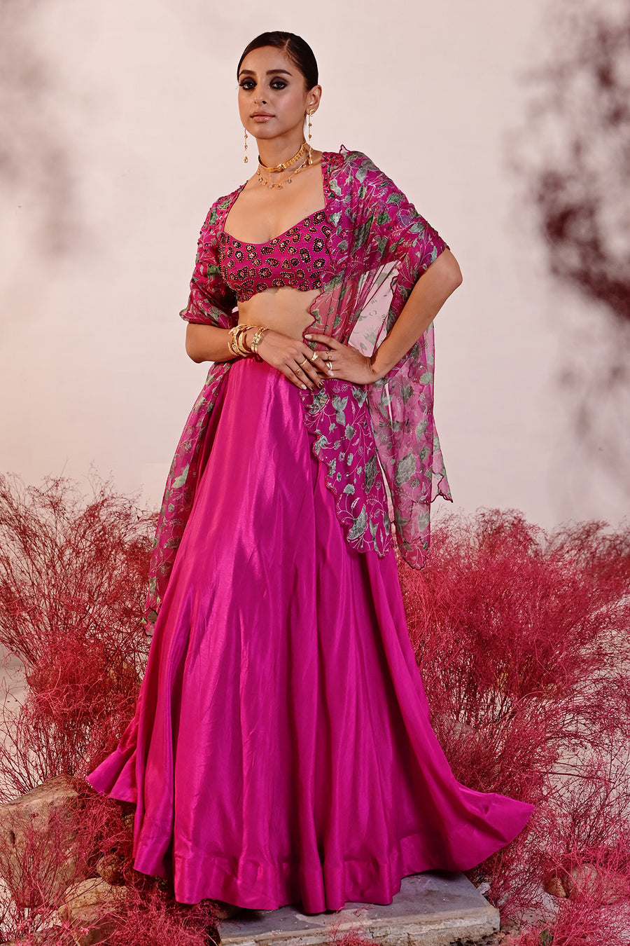 WOMEN'S MAGENTA CREPE & ORGANZA SAHIBA LEHENGA SET