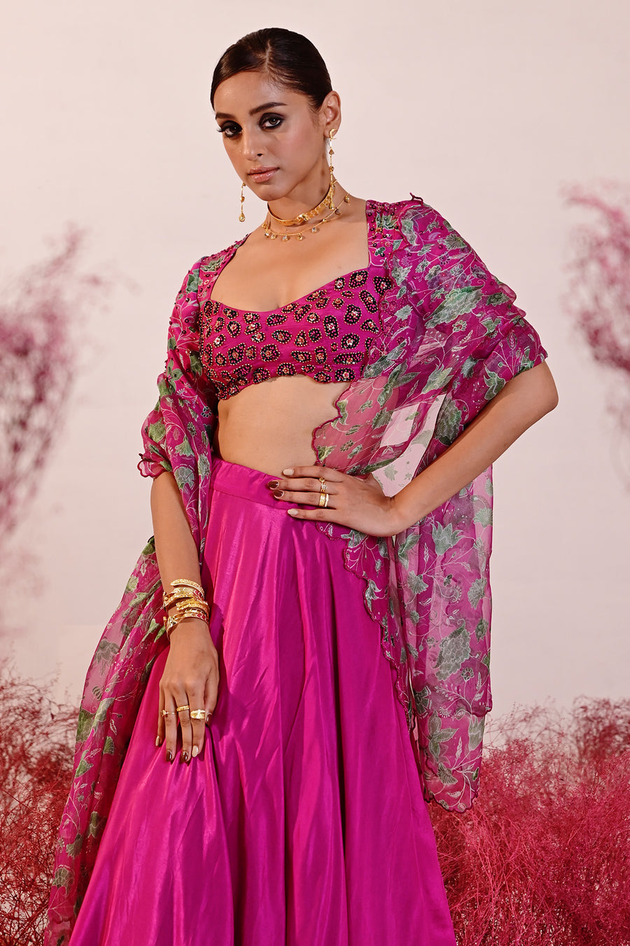 WOMEN'S MAGENTA CREPE & ORGANZA SAHIBA LEHENGA SET