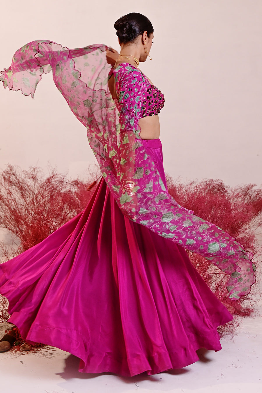 WOMEN'S MAGENTA CREPE & ORGANZA SAHIBA LEHENGA SET