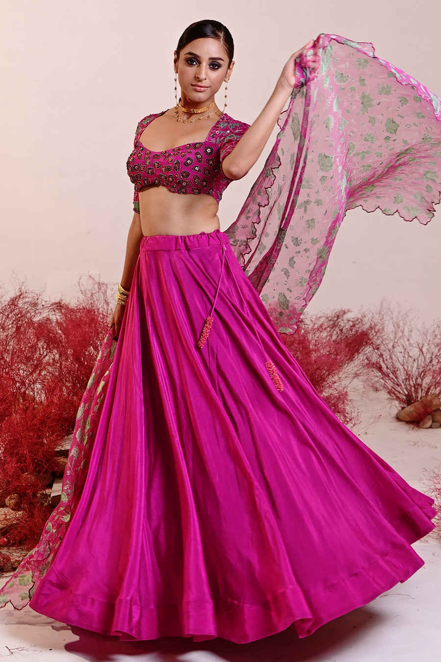 WOMEN'S MAGENTA CREPE & ORGANZA SAHIBA LEHENGA SET
