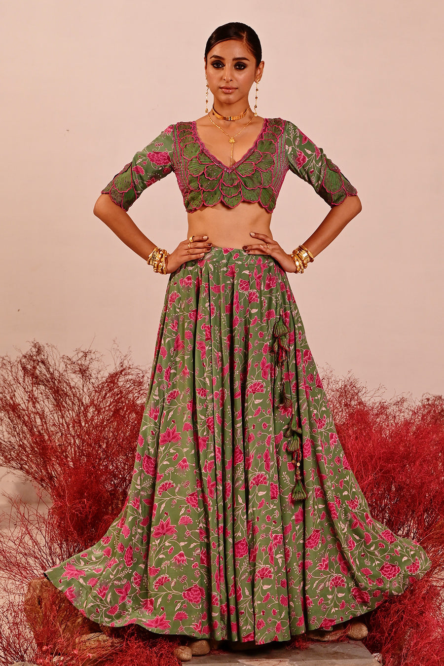 WOMEN'S GREEN CREPE & ORGANZA LIUORA LEHENGA SET