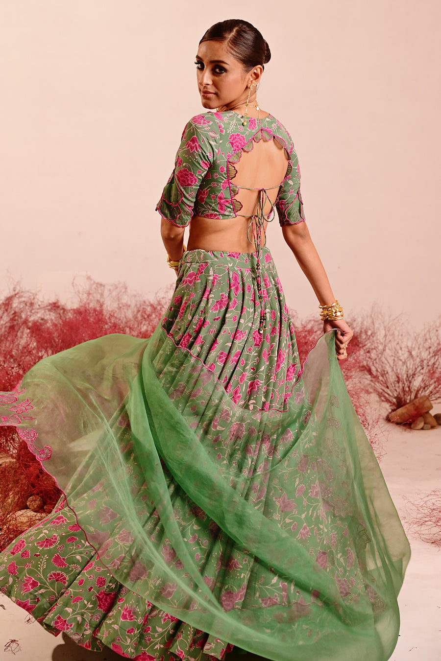WOMEN'S GREEN CREPE & ORGANZA LIUORA LEHENGA SET