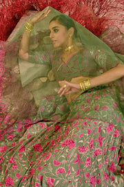WOMEN'S GREEN CREPE & ORGANZA LIUORA LEHENGA SET