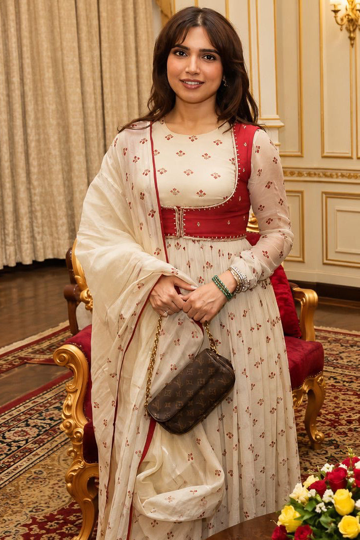 Beige, Red Chiffon Gulal Anarkali Set