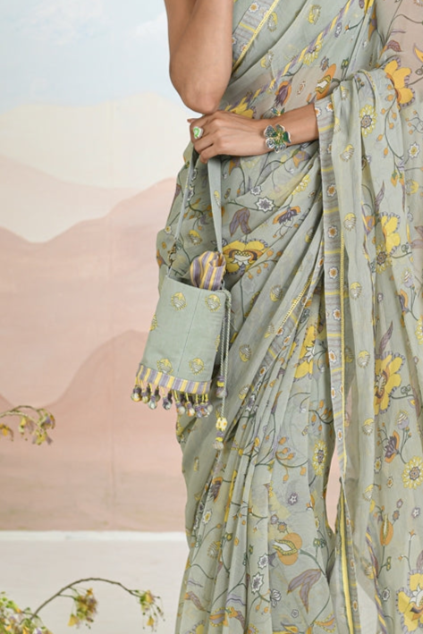 "WOMEN'S GREEN CHIFFON,  COTTON DOBBY JASMERA POTLI"