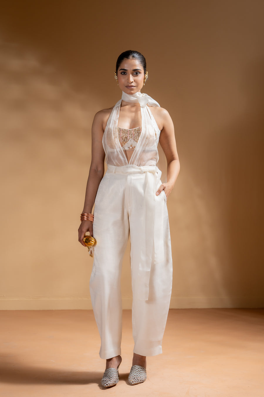 KESHINI BRALETTE & DRAPPED TOP & PANTS  SET OF 3