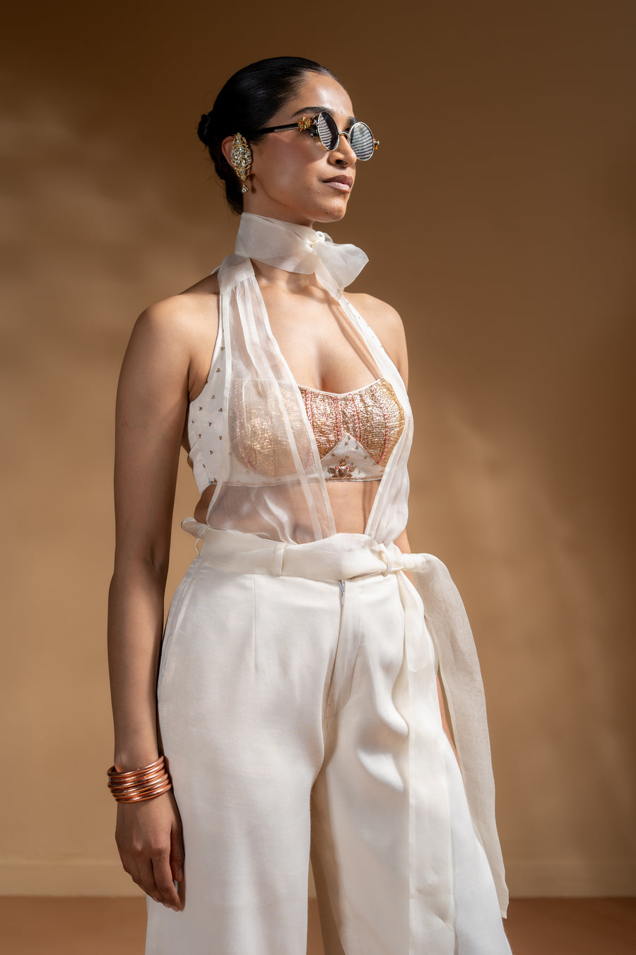 KESHINI BRALETTE & DRAPPED TOP & PANTS  SET OF 3