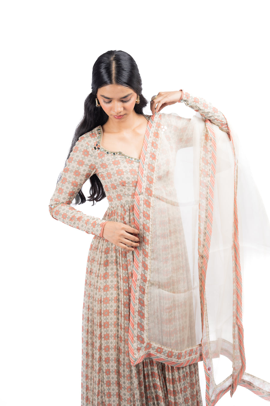 MULTICOLOR CHIFFON SEESH MAHAL ANARKALI SET