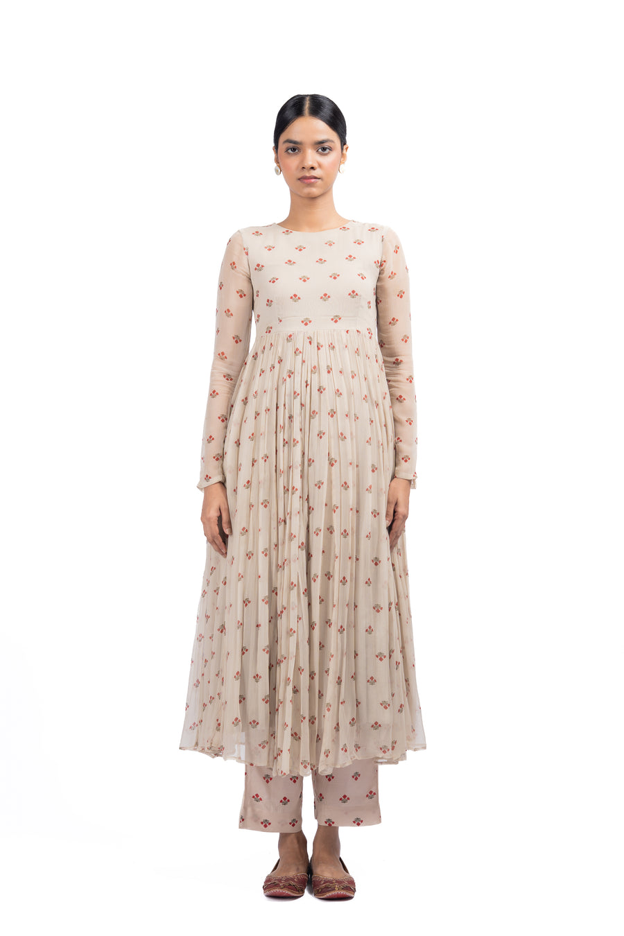 Beige, Red Chiffon Gulal Anarkali Set