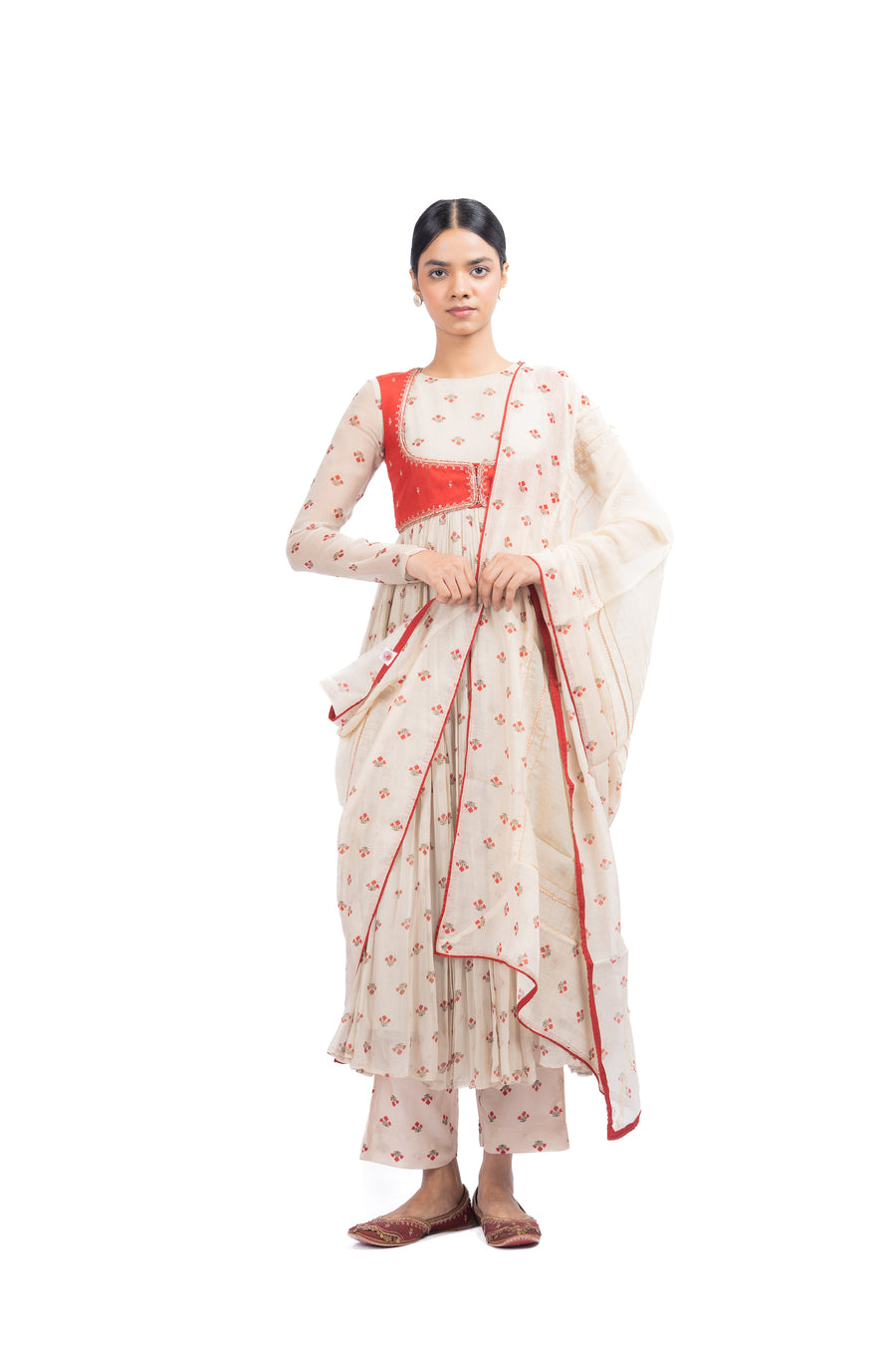 Beige, Red Chiffon Gulal Anarkali Set