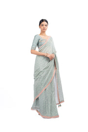 GREEN CHANDERI SUNEHRI SAREE SET